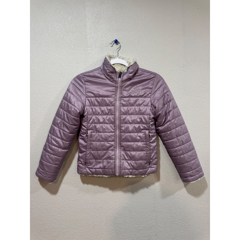 The North Face Girls Reversible Mossbud Swirl Jacket Purple Cream Small 7/8